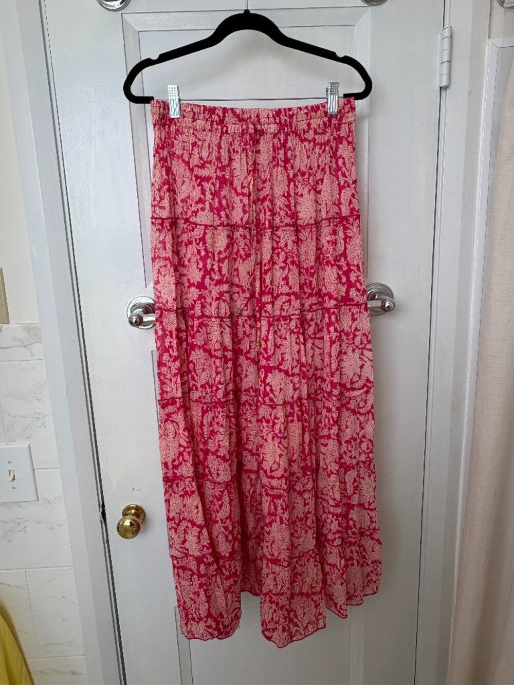 Luna Llena Pink Floral Cotton Tiered Maxi Skirt Size S